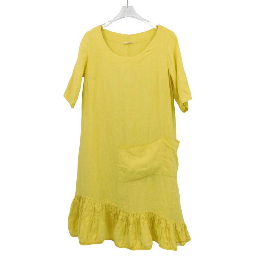LUUKAA Yellow Linen Shift‎ Dress Asymmetrical Ruffle Hem Pocket Womens Size M